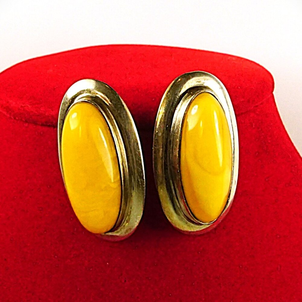 Huge Butterscotch Amber 925 Silver Pierced Clip On Earrings - Rare Collectible